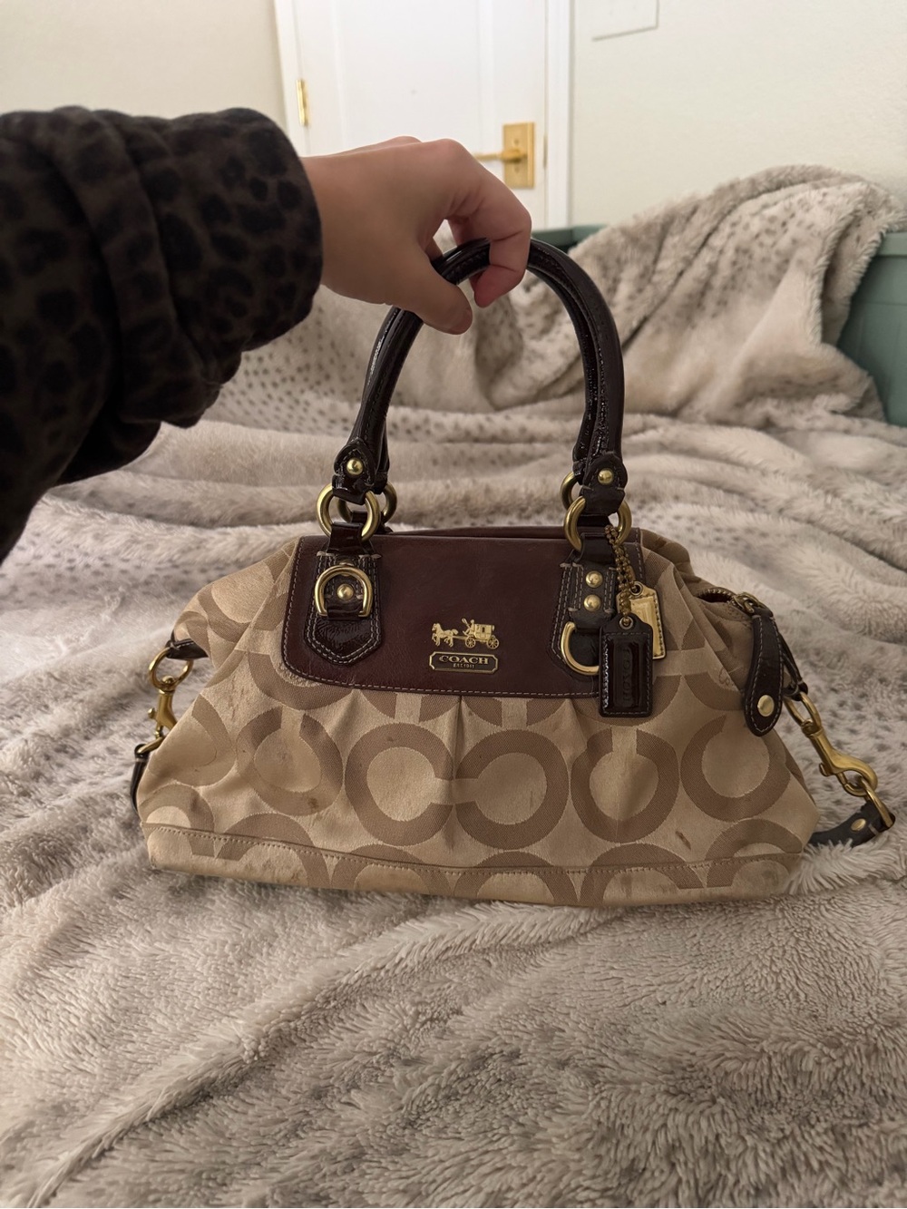 Coach Khaki Canvas Satchel with Brown Leather Trim